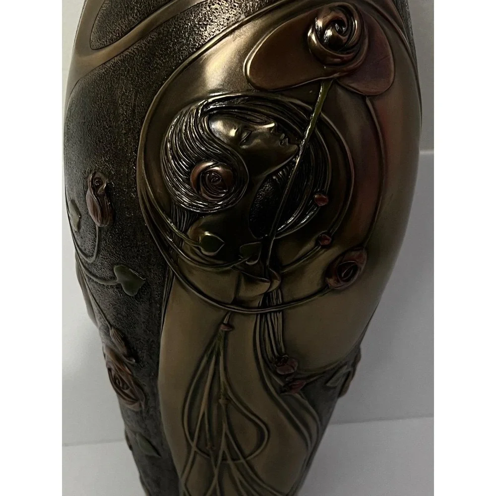 Veronese Design Art Nouveau Vase Vintage Bronze Finish Woman Rose Relief 13.5in